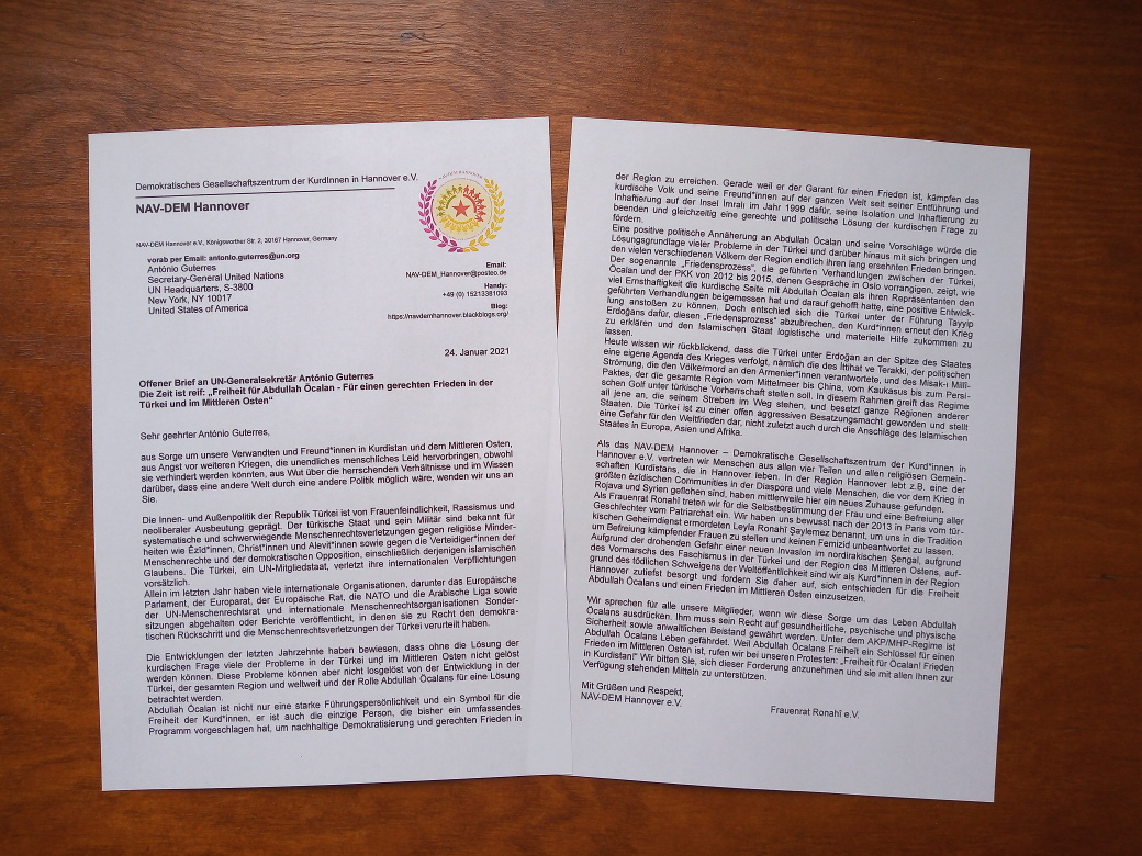 Offener Brief von NAV-DEM Hannover und Frauenrat Ronahi an UN-Generalsekretär Antonio Guterres